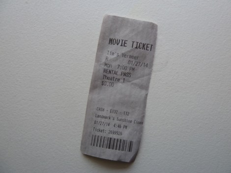 Ticket stub for the fabulous documentary, “Tim’s Vermeer.’