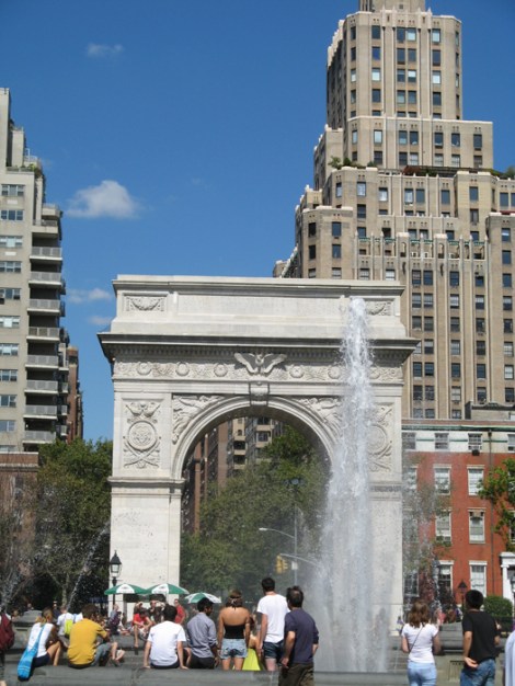 The park-facing side of the Washington Square Arch is brilliantly lit.