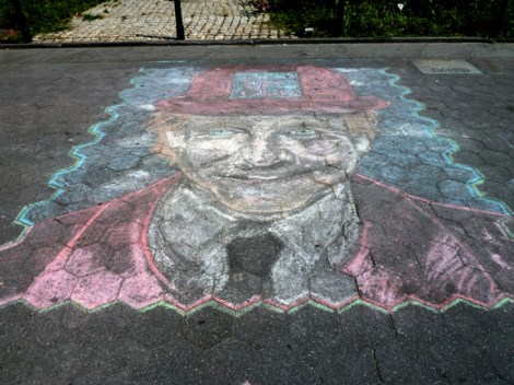 Washington Square Park, Robin Williams, Chalk, Portrait, Ephemeral, Waiting for Godot, Steve Martin, Greenwich Village, Hat, Smile, Lincoln Center, 1988 “In America they really do mythologize people when they die.” —Robin Williams (1952–2014) Let the mythologizing begin! I found this portrait in chalk of Robin Williams on the pavement near the Washington Arch in Washington Square Park. The ephemeral nature of the medium, plus heavily-trafficked location, ensures that this loving tribute will not be with us for long. It serves as a metaphor of Mr. Williams’ life and for our own. Without a doubt this is a recognizable likeness of Mr. Williams. Is the likeness a film character of his? I must admit that the only film starring him that I have seen is The Birdcage. What with the hat, he resembles Estragon, the character he portrayed in Lincoln Center’s 1988 production of Waiting for Godot. Steve Martin played the other main character, Vladimir. “You’re only given a little spark of madness. You mustn’t lose it.” —Robin Williams “Reality is just a crutch for people who can't cope with drugs.” —Robin Williams “Comedy is acting out optimism.” —Robin Williams “Spring is nature's way of saying, ‘Let’s party!’ ” —Robin Williams