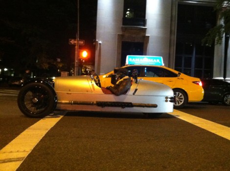 Racecar, Fifth Avenue, 12th Street, New York, Greenwich Village, Yellow Taxi, Morgan 3 Wheeler, Silver