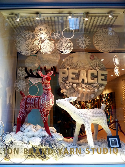 Lion Brand Yarn, Window Display, Reindeer, Christmas, Snowflakes, Star of David, New York, West 15th Street, Knit, Crochet, Yarn