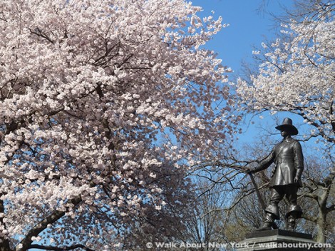 Central Park, John Quincy Adams Ward, Central Park Walking Tour, New York, Cherry Trees, Bronze, Granite, Richard Morris Hunt, Spring, Flowers, Walk About New York, Pilgrim, Puritan, New England Society, 1885