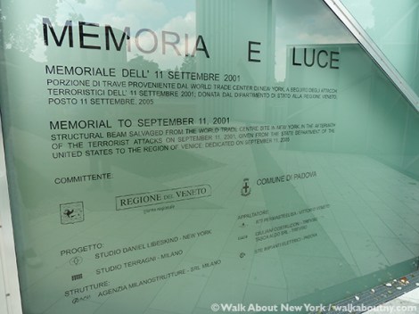 Memoria e Luce, Memory and Light, 9/11, September 11th, World Trade Center, Twin Towers, Daniel Libeskind, Padua, Padova, Italy, New York, 2001, New York City, New York, Italian