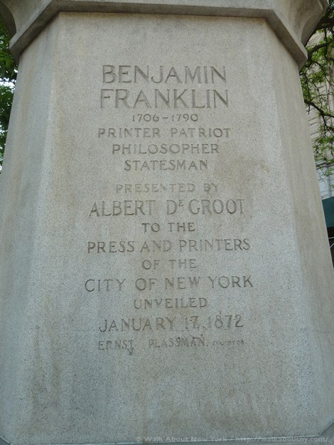 Ben Franklin, Printer, Printing, Old Richard’s Almanac, Printer’s Row, Park Row, American History, New York City History, City Hall, Founding Father